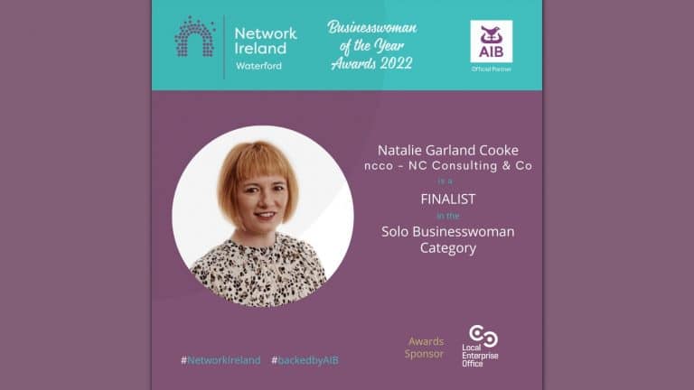 Graphic showing Natalie Cooke's headshot and the text "Natalie is a finalist in the Solo Businesswoman Category" for theNetwork Ireland Businesswoman of the Year Awards 2022
