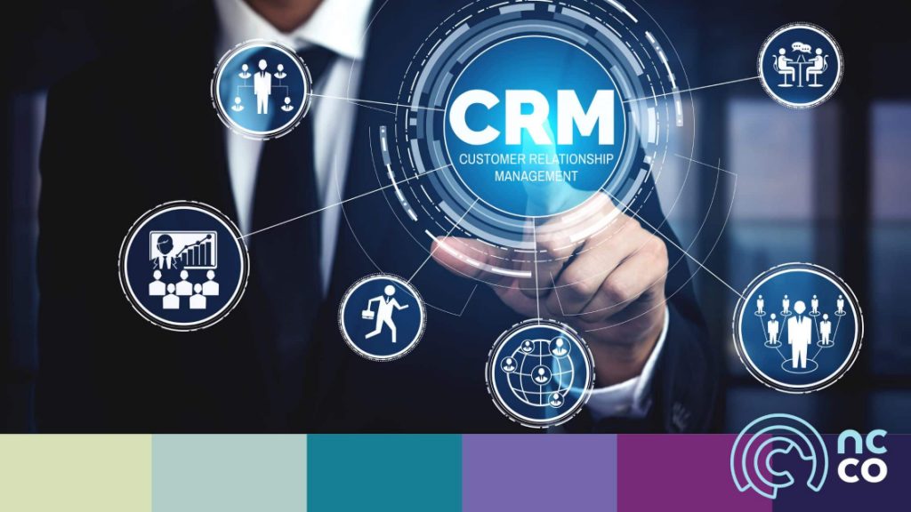 Graphic with CRM in centre bubble with connected bubbles for communications, networks, reporting and more